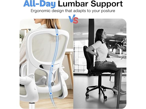 ALLGOD Ergonomic Office Chair, Breathable Mesh Ergonomic Desk Chair with Adjustable Lumbar Support, Flip-up Armrests, Computer Chairs Comfortable for Home, Office, Work, 300lbs, White, Upgrade (Open Box)