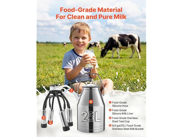 Electric Cow Milking Machine, 6.6 Gal / 25 L 304