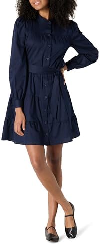 Amazon Essentials Women's Regular-Fit Cotton Sateen Tiered Shirt Dress, Navy, Large