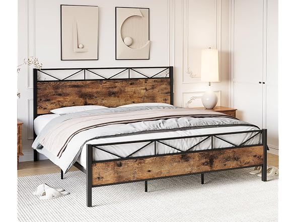 GAOMON Queen Metal Bed, Rustic Wood