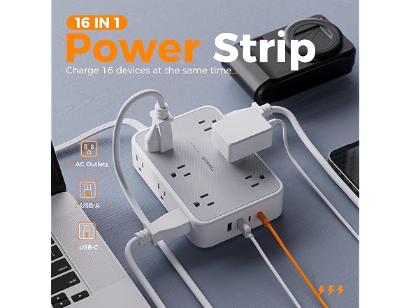 TESSAN 10ft Cord Power Strip (12 Outlets, 4 USB)