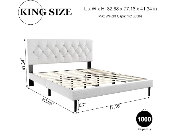 Platform Bed Frame, Tufted Headboard