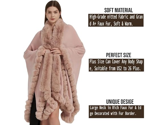 Tngan Women (OS) Faux Fox Fur Trim Cardigan Cape