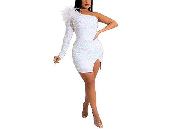 Acelyn Women Sexy One Shoulder Feather Long Dress