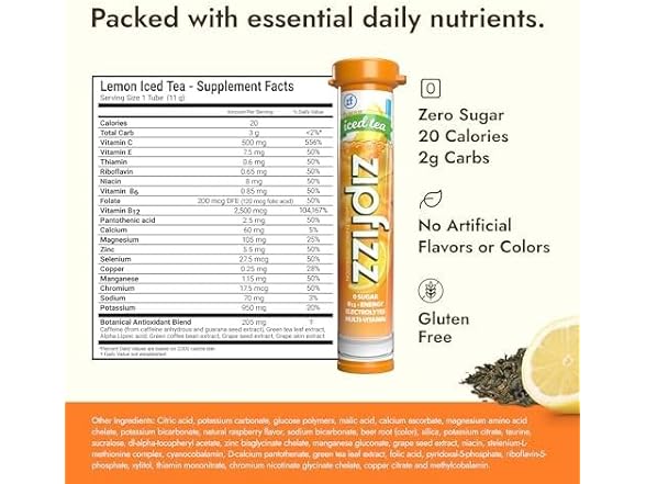 Zipfizz Daily Energy Drink Powder, Lemon Iced Tea, 20pk