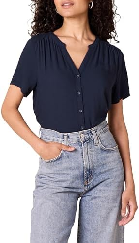 Amazon Essentials Women's Relaxed-Fit Short-Sleeve Woven Blouse, Navy, Large