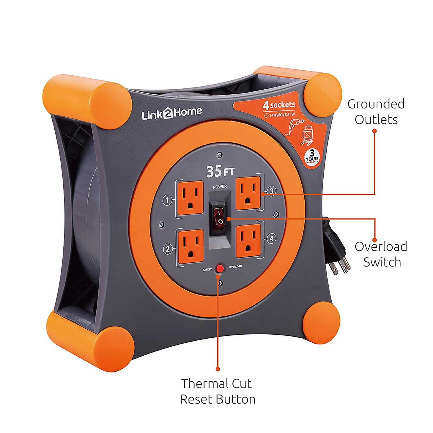 Link2Home 14/3 35' Extension Cord Reel w/4 Outlets - Gallery 10