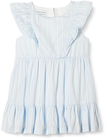 Amazon Essentials Girls' Ruffle Woven Dress, Light Blue Stripe, Large
