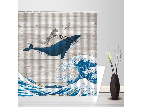 Funny Cat Shower Curtain Cat Riding Whale Blu