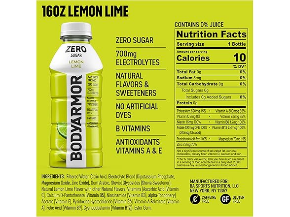 1CT BODYARMOR ZERO Sugar Sports Drink Lemon Lime