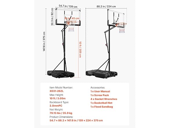 Basketball Hoop, 7.6-10 ft Adjustable Height