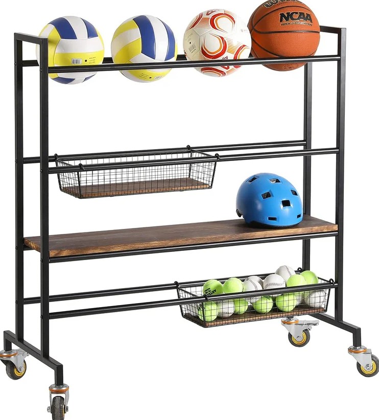 Heavy Duty Black Metal Sports Equipment Rolling Rack with Wood Shelves - Gallery 4
