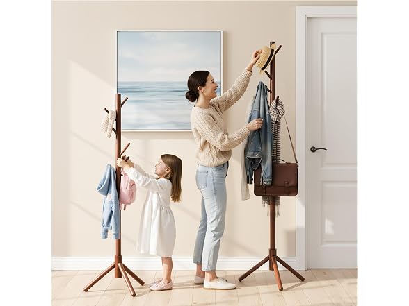 Freestanding Wooden Coat Rack, 8 Hooks