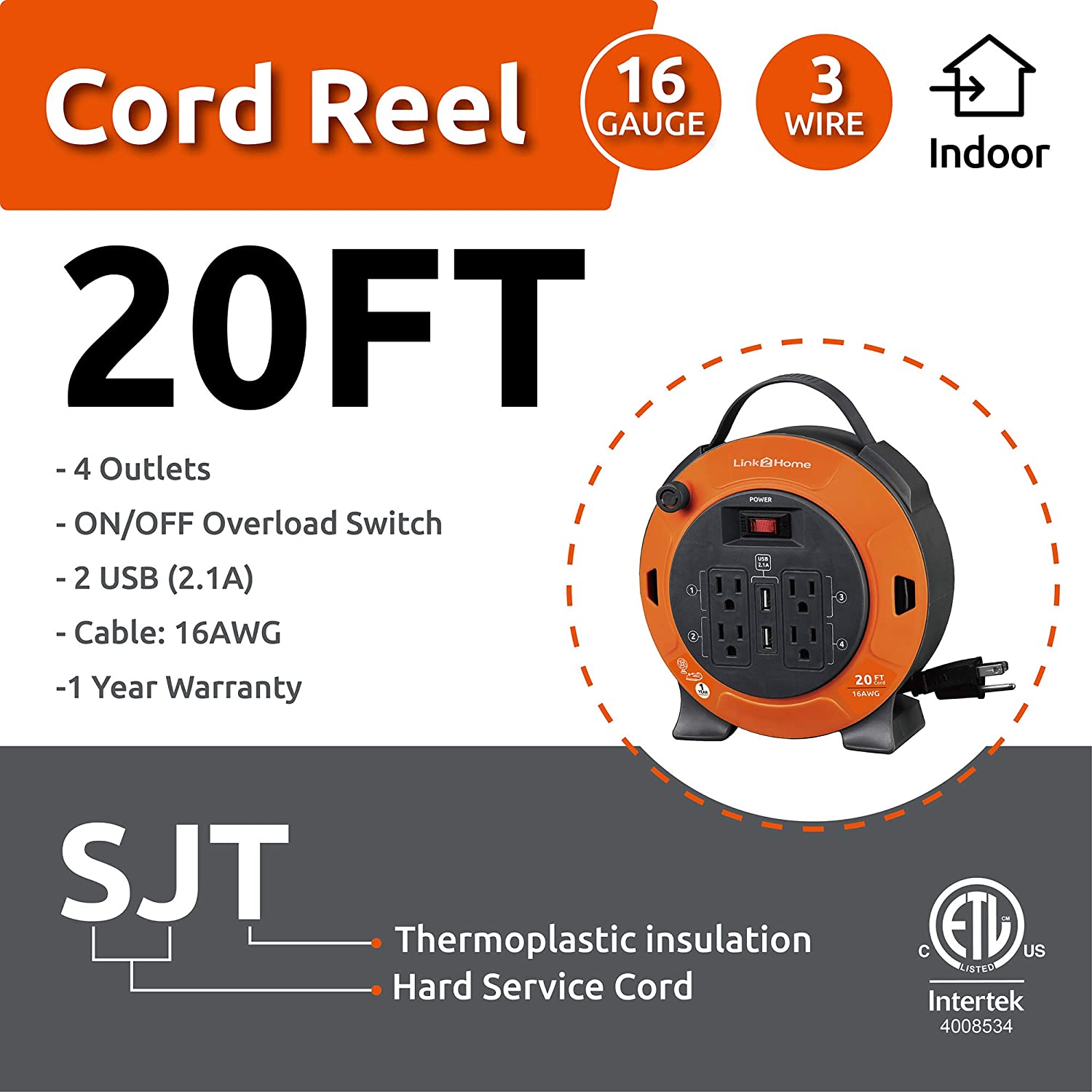 Link2Home 20' Extension Cord Reel with USB - Gallery 14