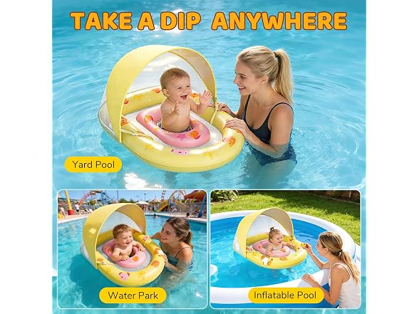JUNLLY Baby Pool Float with Canopy, Yellow