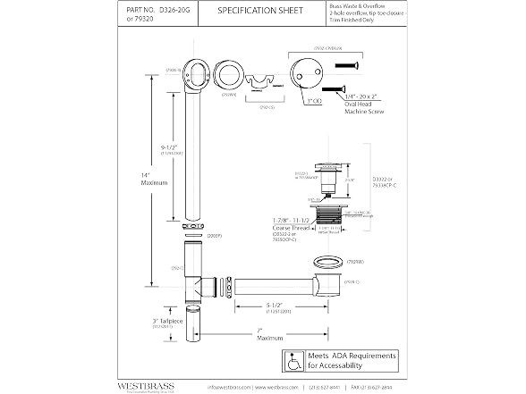 Westbrass A326-62 22-1/2" Brass Bath Waste & Overflow Assembly