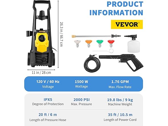 VEVOR Electric Pressure Washer, 2000 PSI 1.76 GPM