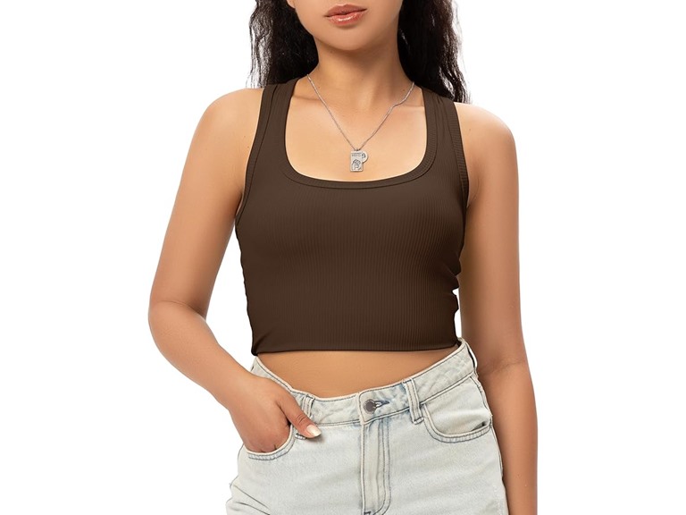 GGOV Sports Crop Tank Tops for Women Cropped Workout Tops Racerback Running Yoga Tanks Cotton Sleeveless Gym Shirts Brown