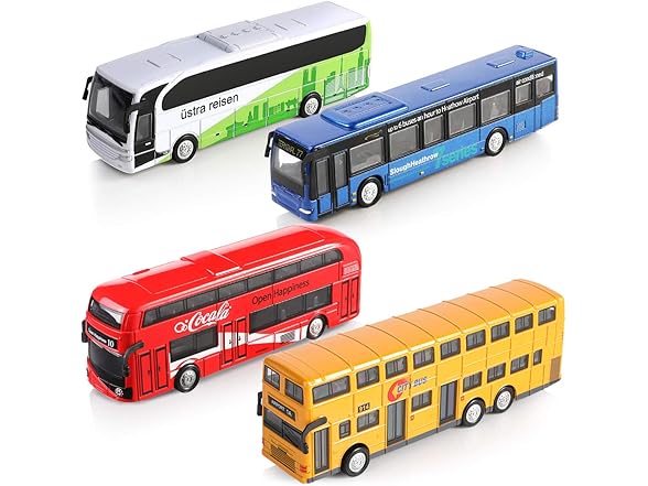 Set of 4 Kids Die-Cast Metal Toy Buses