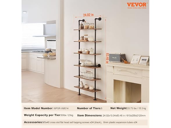 Industrial Pipe Shelf, 6 Tier 24x9.84in