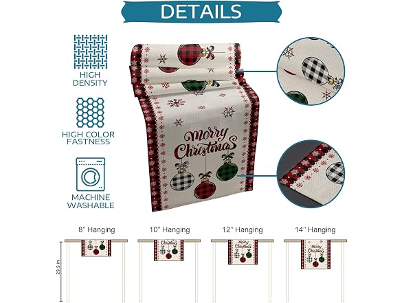 Christmas Table Runner 72 Inch Xmas Ball Buffalo Plaid