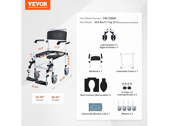 Shower Commode Wheelchair with 4 Lockable