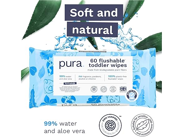 Pura Flushable Toddler Wipes 1 x 60 Wipes