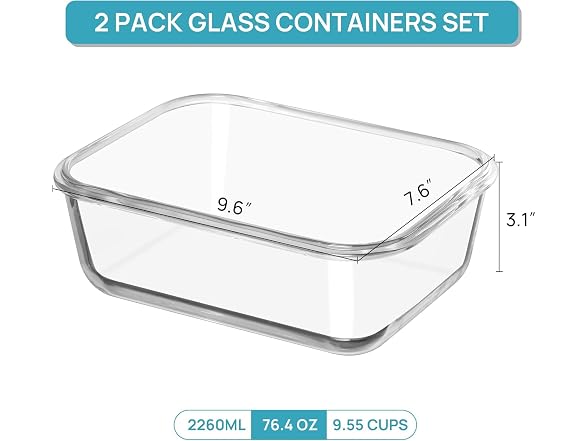 Vtopmart Green 2 Pack 76.4oz Glass Containers W/ Lids