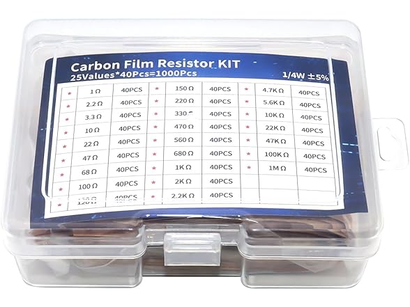 1000pc Resistor Kit 25 Values 1/4W