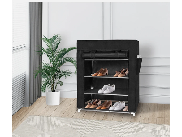 J&V Textiles 682-BK 4 Tier Shoe Rack with Side Pocket