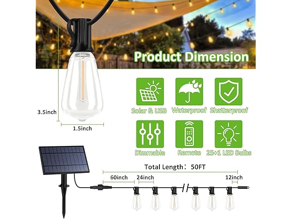 50FT Solar String Lights Outdoor Waterproof