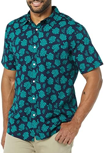 Amazon Essentials Men's Slim-Fit Short-Sleeve Poplin Shirt, Navy Teal Green Palm Leaf Print, X-Large