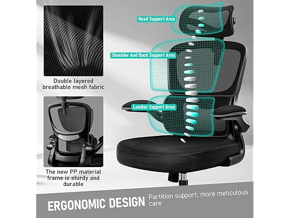 BESTFAIR High Back Ergonomic Office Chair, Breathable Mesh Desk Chair with Lumbar Support, Adjustable Headrest, Flip-up Armrests, Computer Gaming Chair, (Black) (Open Box)