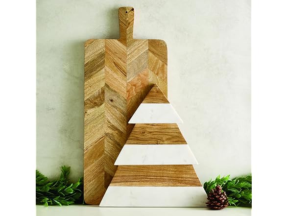 Wood and Marble Christmas Tree Shaped Charcuterie Tray
