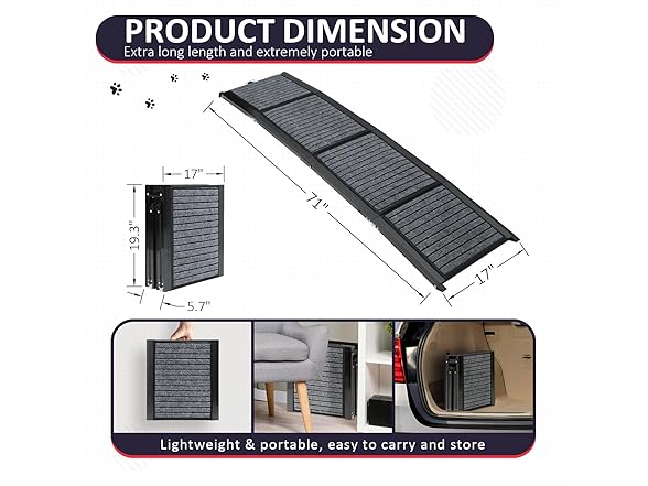 PENSUN Dog Ramp for Car, 71" Foldable