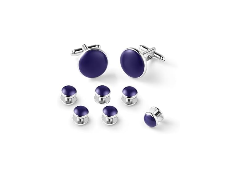 Zealmer 8pcs Blue Men's Cufflinks and Tuxedo Studs Set with Boxes Stainless Steel Silver Cuff Links Shirt Studs Tuxedo Buttons Jewelry Gifts for Men Wedding Anniversary, Business and Daily Life