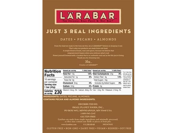 16CT Larabar Pecan Pie, Gluten Free Vegan Fruit & Nut Bar