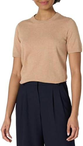 Amazon Essentials Women's Regular-Fit Short Sleeve Pullover Sweater Top, Camel Heather, X-Large