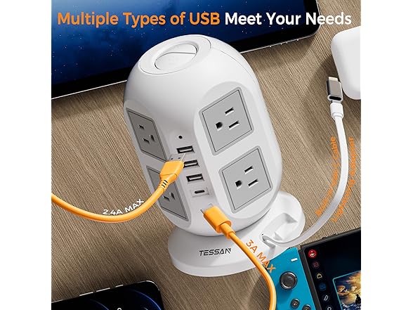 TESSAN 10ft Cord Power Tower (8 Outlets, 2 USB-C, 3 USB-A)