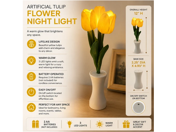 Battery Operated Artificial Tulip Flower Bouquet Night Light