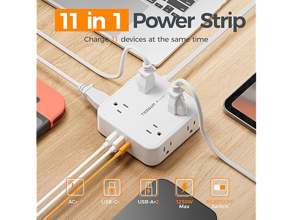 TESSAN 5ft Cord 900J Power Strip (8 Outlets, 3 USB)