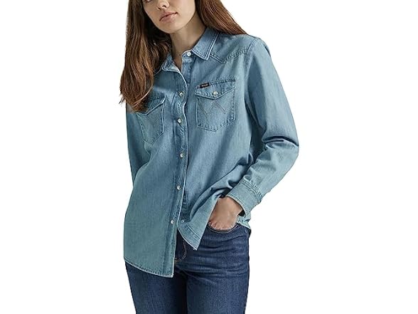 Wrangler Womens Boyfriend Denim Snap Shirt