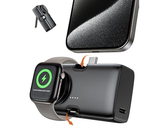 Wireless Watch Charger w/Built-in Foldable USB-C & Lightning Connectors for Phones