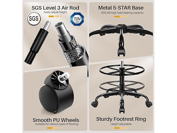FINATI Drafting Chair, Tall Office Chair for Standing Desk, Ergonomic High Back with Headrest, Lumbar Support, Foot Ring and Flip-up Armrests, Black (Open Box)