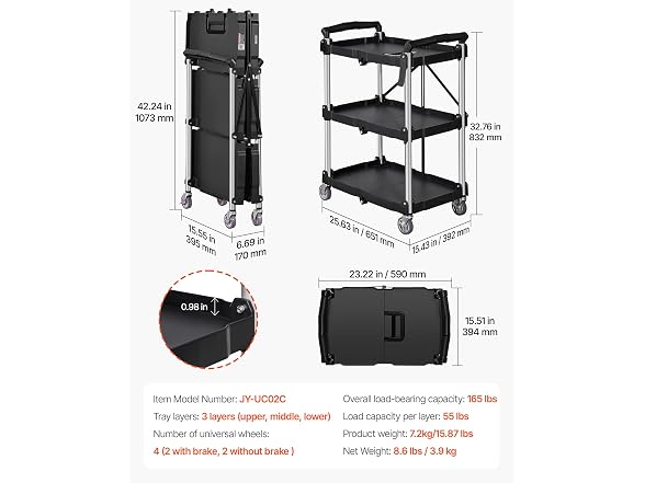 Foldable Utility Service Cart, 3 Shelf 165LBS