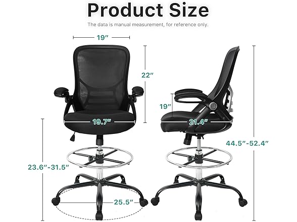 HYLONE Drafting Chair Tall Office Chair High-Back Mesh Standing Desk Stool with Adjustable Footrest Ring and Flip-Up Arms Black (Open Box)