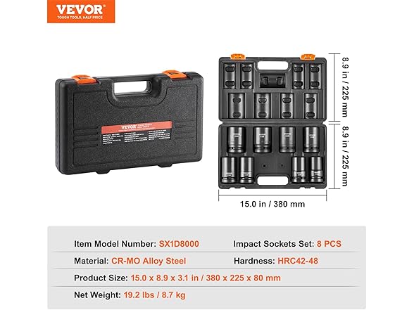 VEVOR 1" Drive Impact 8 Piece Deep Socket Set Metric