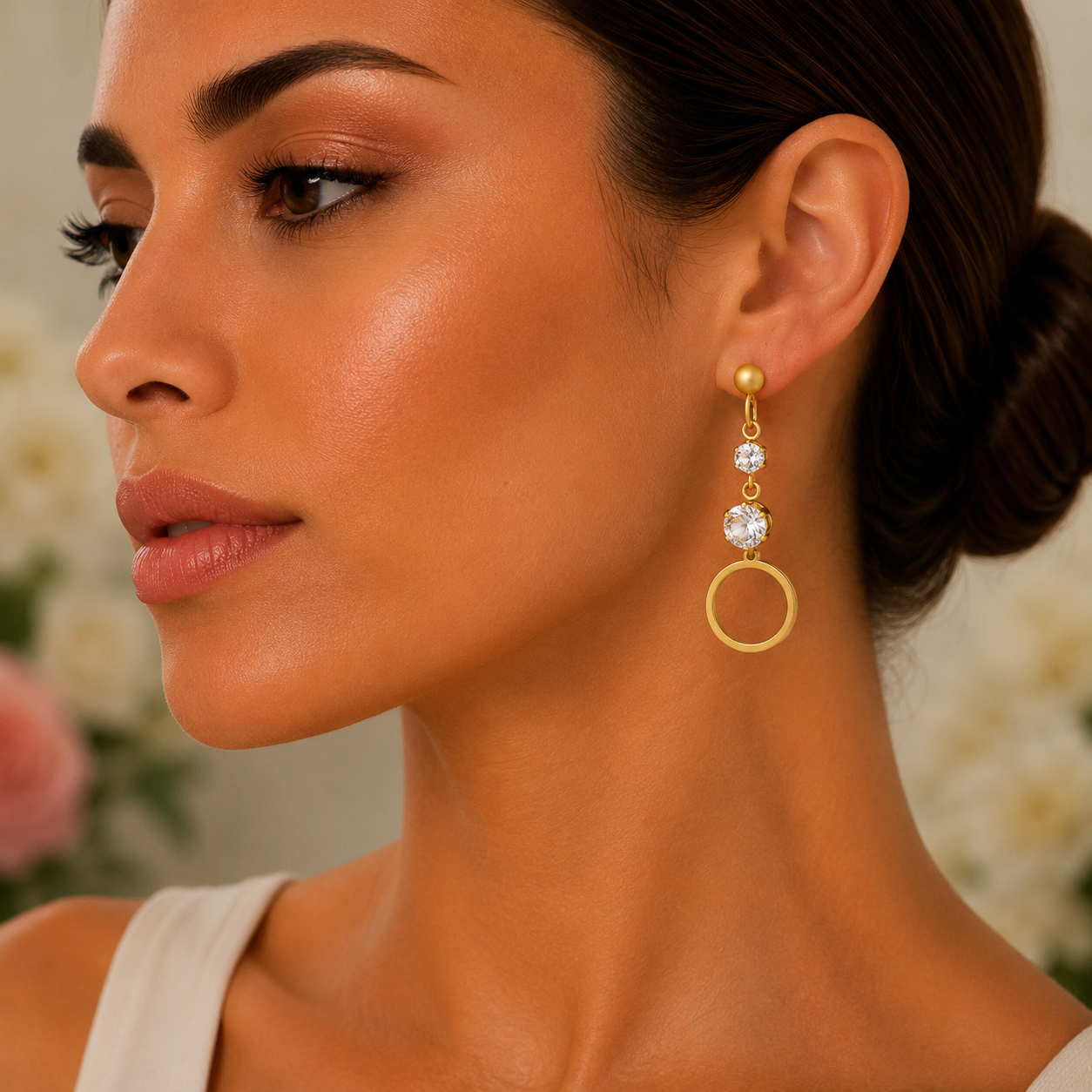 18K Gold CZ Circle Drop Earrings - Gallery 6
