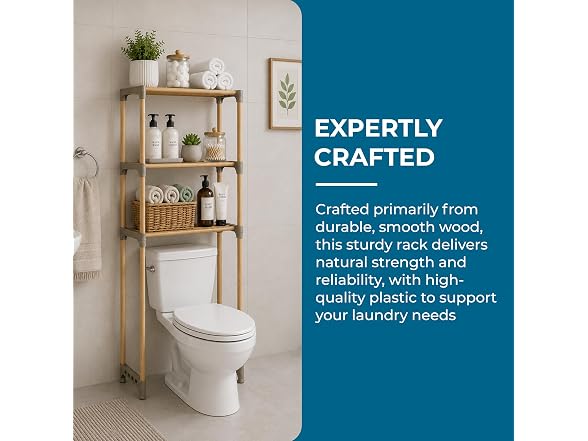 Over-the-Toilet Bathroom Storage Shelf, Wood, Natural, 3-Tier