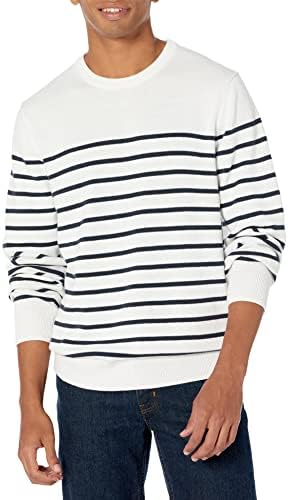 Amazon Essentials Men's Long-Sleeve Crewneck Sweater, 100% Cotton, Big & Tall Options Available, Navy White Placed Stripe, X-Small
